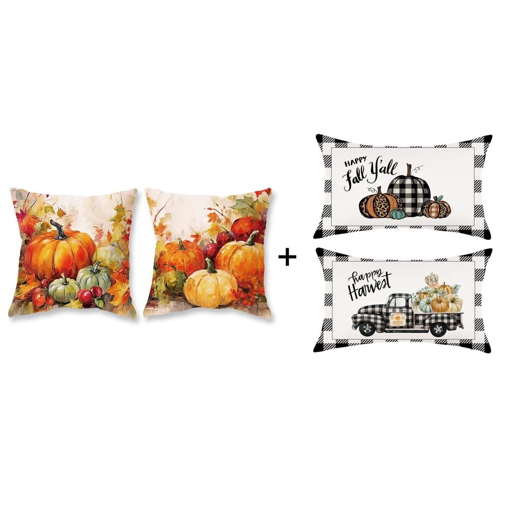 8008 Fall Pumpkin Pillow Covers 18x18 and 12x20 Inch Set of 4 Autumn